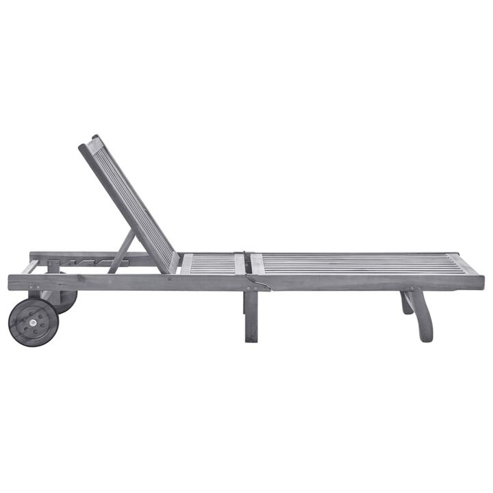 Outdoor Sun Chaise Lounger, Gray Solid Acacia Wood, Casters, 78 Inch - Benzara