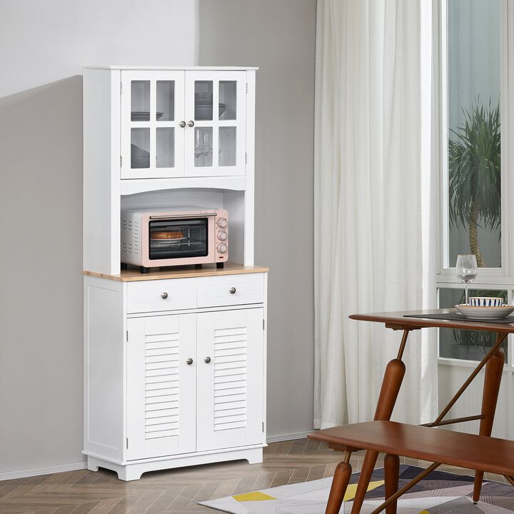 White Kitchen Organizer: 67" Hutch Cabinet with Glass Doors and Drawers