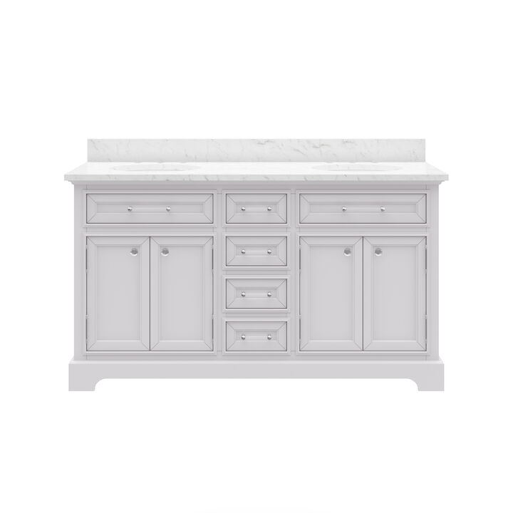 Derby 60 In. Double Sink Carrara White Marble Countertop Bath Vanity In Pure White