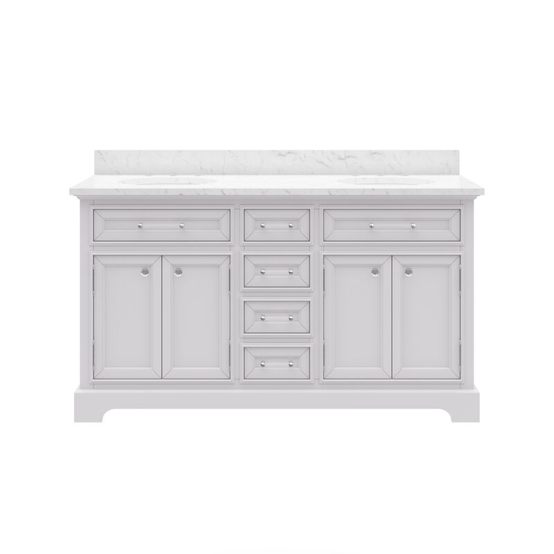 Derby 60 In. Double Sink Carrara White Marble Countertop Bath Vanity In Pure White