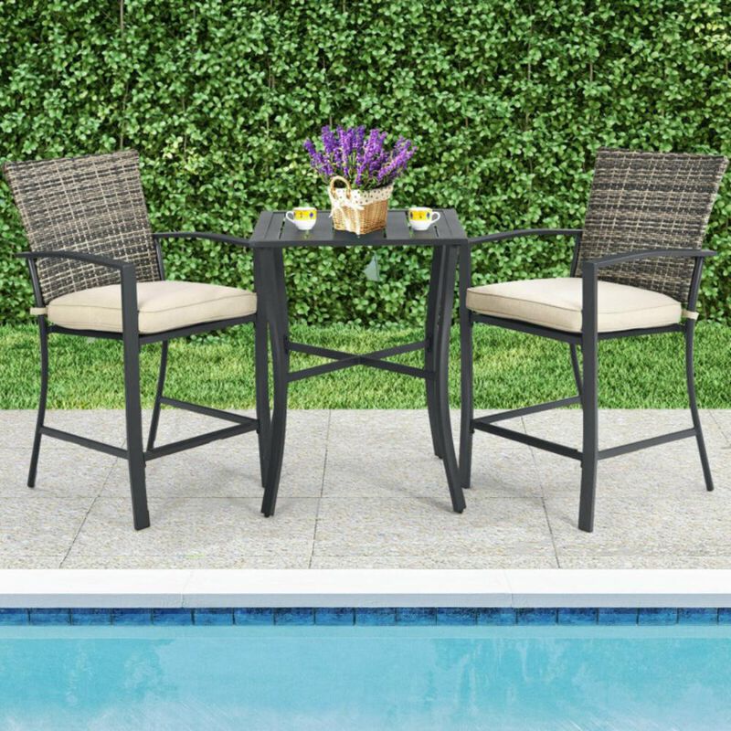 Hivvago 3 Pieces Rattan Bar Furniture Set with Slat Table and 2 Cushioned Stools