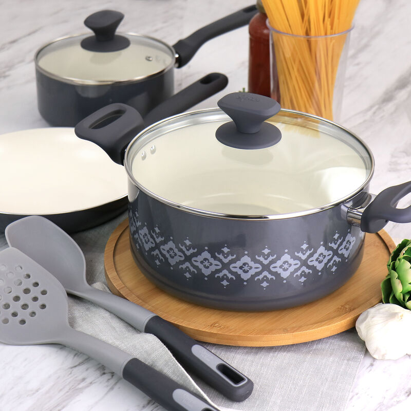 Spice by Tia Mowry Savory Saffron 7 Piece Ceramic Nonstick Aluminum Cookware Set with Nylon Utensils in Grey