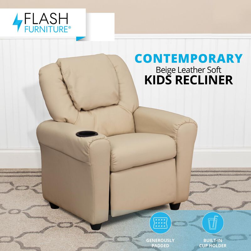 Flash Furniture Vana Vinyl Kids Recliner with Cup Holder, Headrest, and Safety Recline, Contemporary Reclining Chair for Kids, Supports up to 90 lbs., Beige