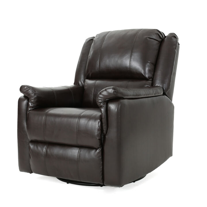 Zune Manual Glider Recliner Chair, Swivel Ergonomic, Brown Faux Leather - Benzara