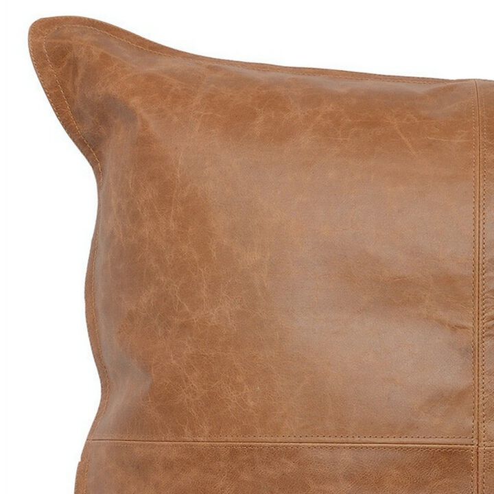 Square Leatherette Throw Pillow with Stitched Details, Brown-Benzara