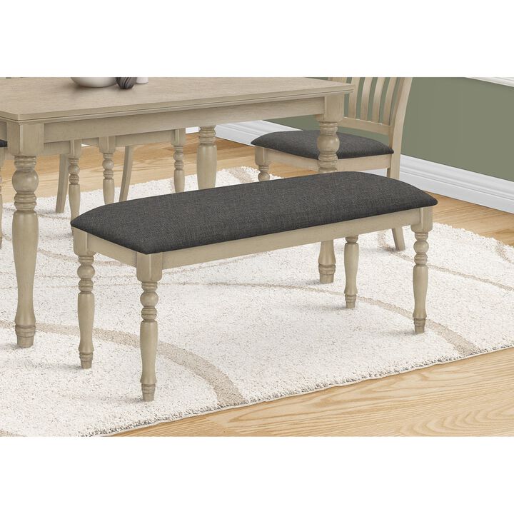 Monarch Specialties I 1393 - Bench, 48" Rectangular, Upholstered, Wood, Entryway, Dining Room, Kitchen, Antique Grey, Grey Fabric, Grey Solid Wood, Transitional