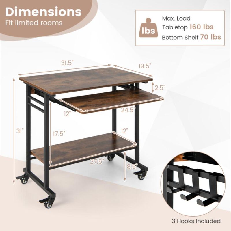 Hivvago Rolling Laptop Table with Pull-out Keyboard Tray and Hooks-Rustic Brown
