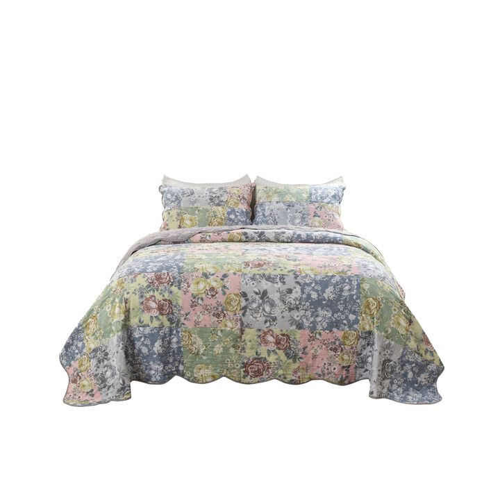 Eni 2 Piece Twin XL Cotton Quilt Set, Pastel Blue Flowers, Scalloped Edges - Benzara