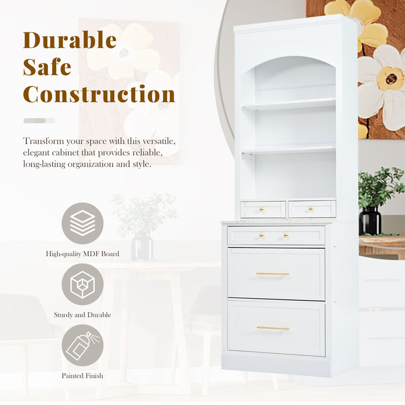Merax Freestanding Tall Kitchen Hutch with Faux Marble Top