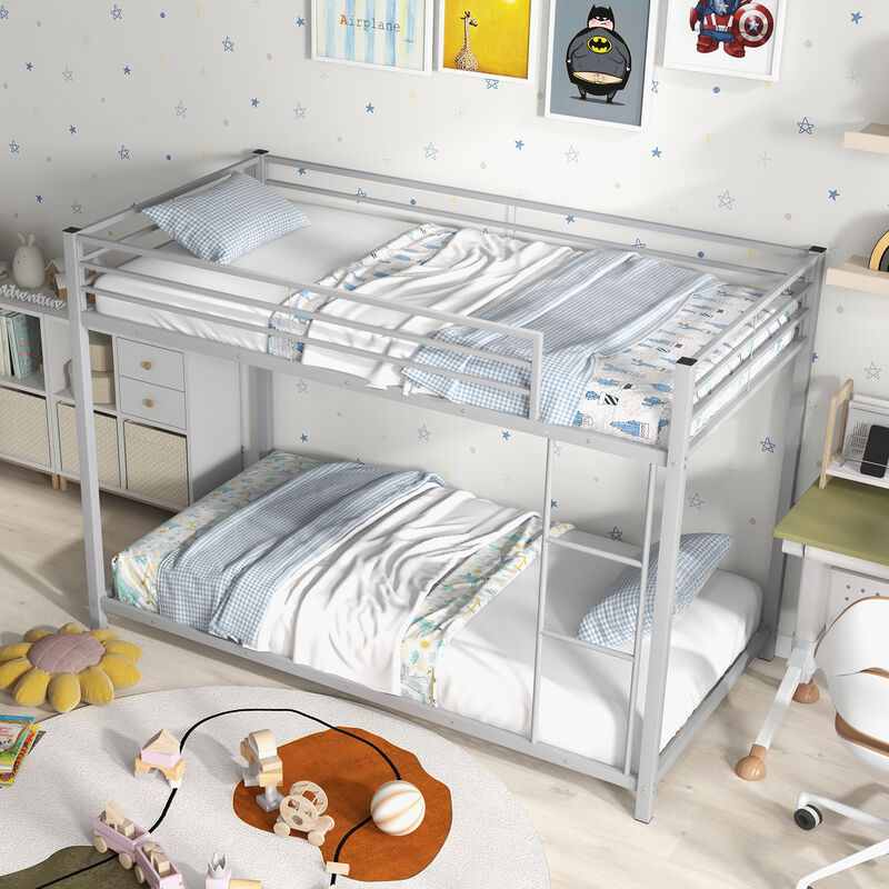 Low Profile Twin Over Twin Metal Bunk Bed with Full-Length Guardrails for Kids Room