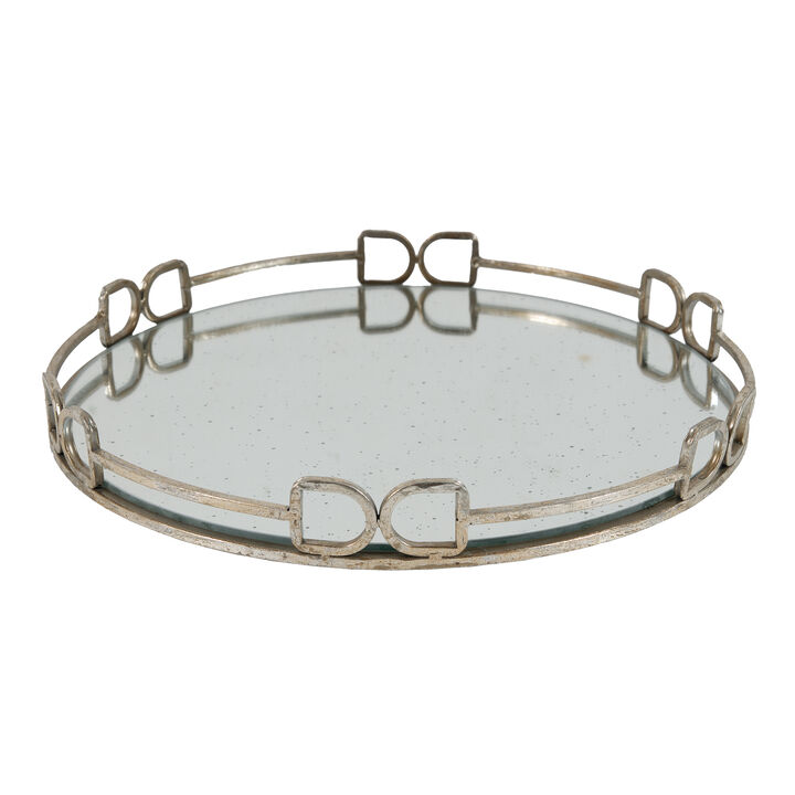 Sui 18 Inch Round Tray, Glass Bottom,  Silver Geometric Frame, Large - Benzara