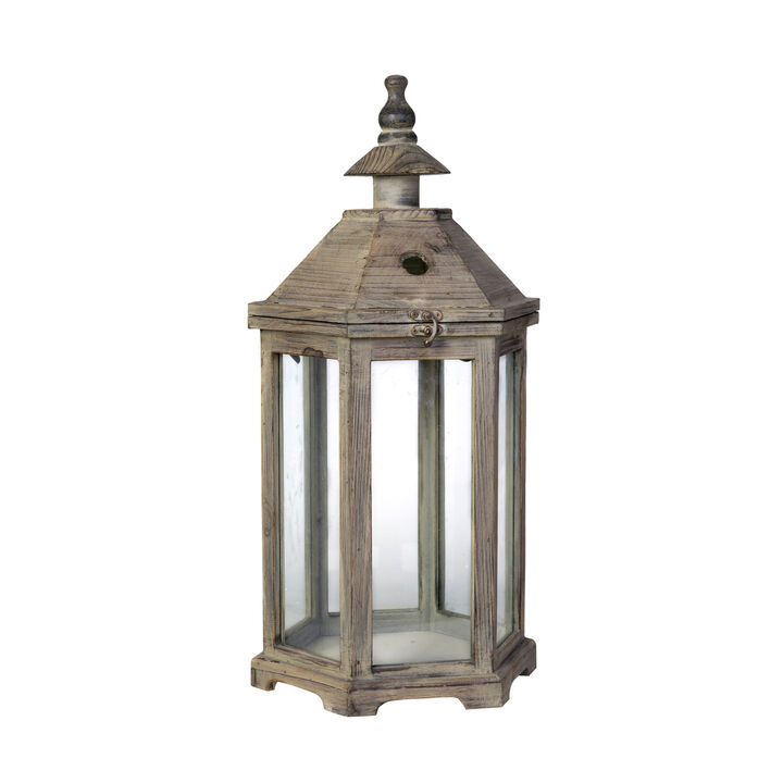 Temple Design Wooden Lantern with Glass Panels, Brown, Set of 2-Benzara