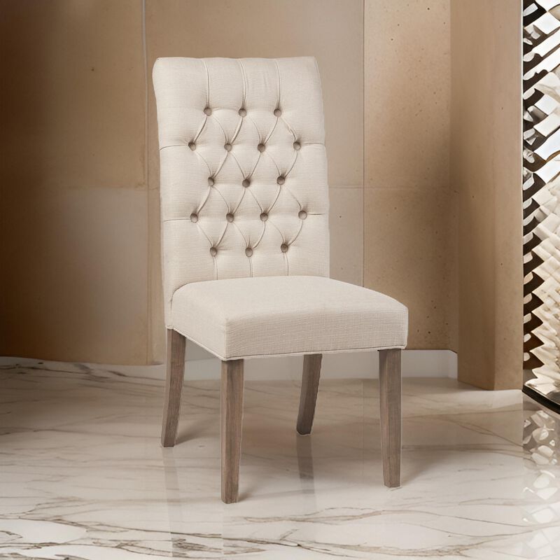 Fabric Dining Chair with Button Tufted Back, Set of 2, Beige - Benzara
