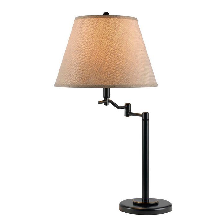 3 Way Metal Body Table Lamp with Swing Arm and Conical Fabric Shade, Black-Benzara