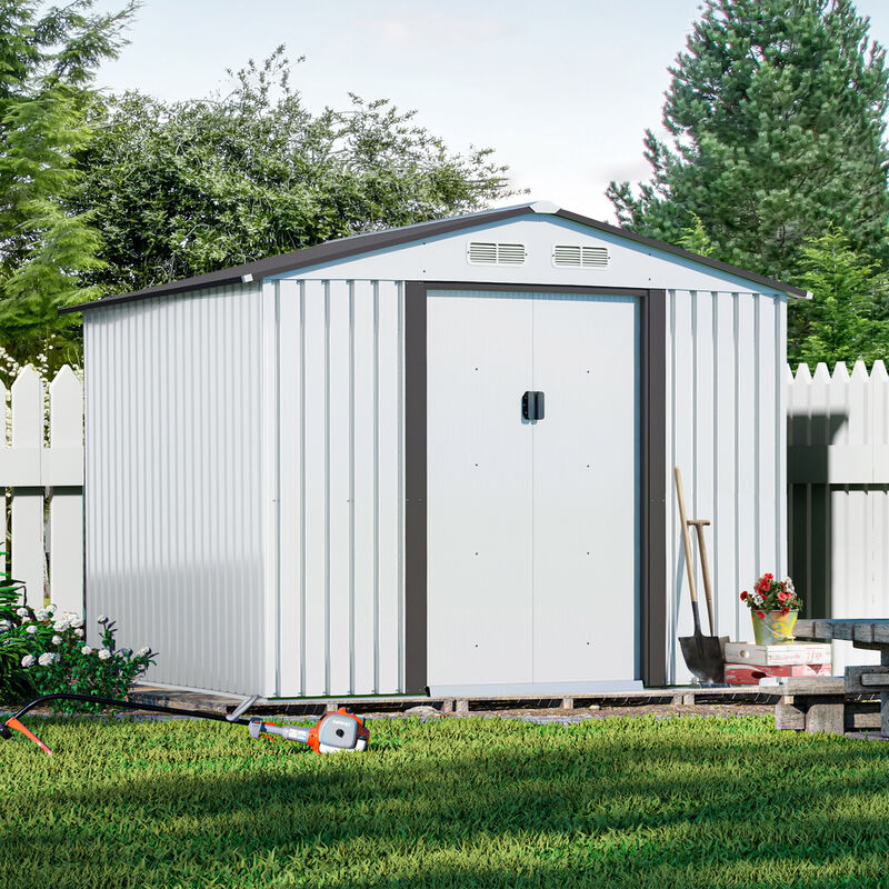 8’ x 8’ Outdoor Gable Steel Storage Shed Large Tool Organizer for Backyard Garden Furniture