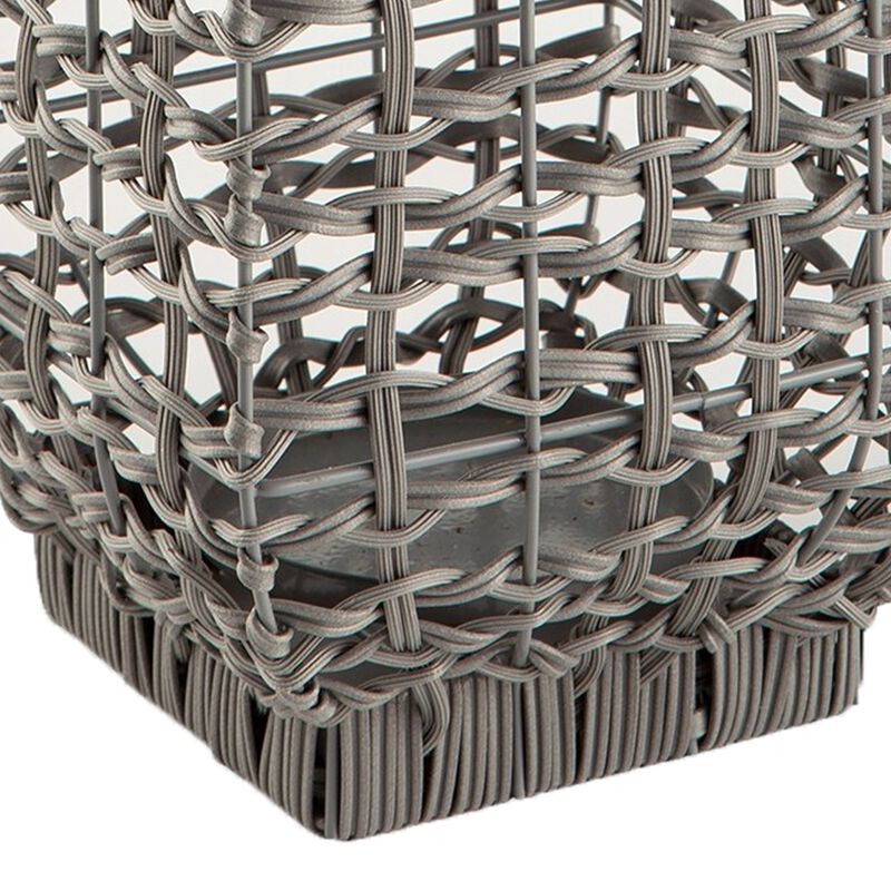 Neya Lantern, Indoor Outdoor Candle Holder, Bohemian Gray Faux Rattan Woven - Benzara