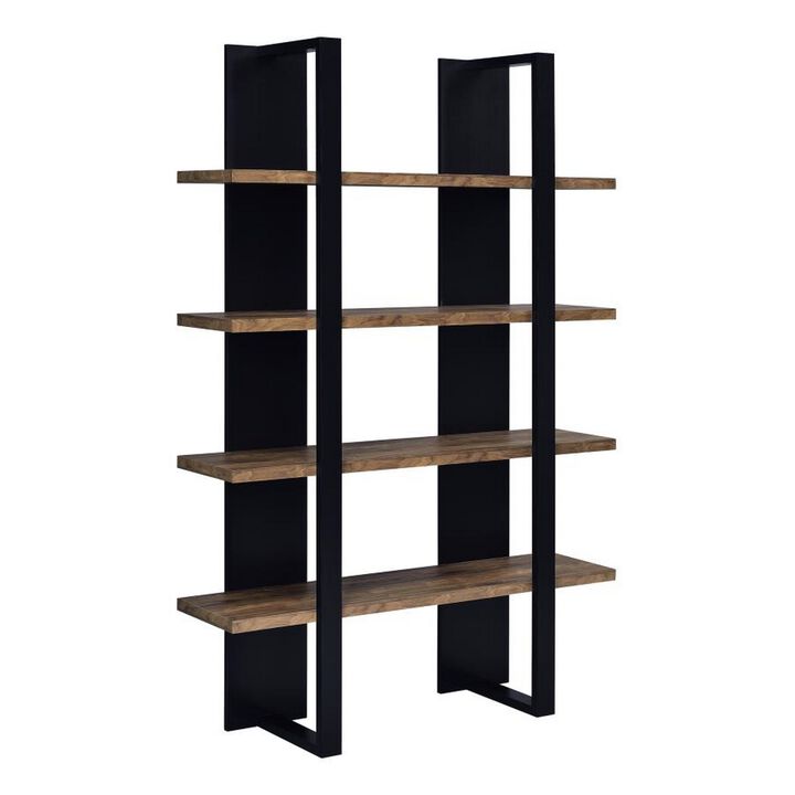 Bookcase with 4 Tier Shelves and Wooden Frame, Brown and Black - Benzara