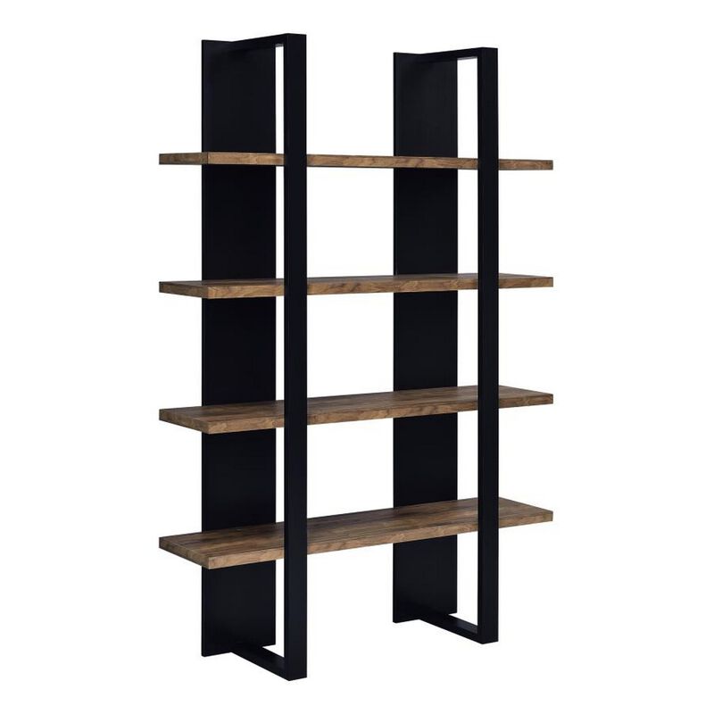 Bookcase with 4 Tier Shelves and Wooden Frame, Brown and Black - Benzara