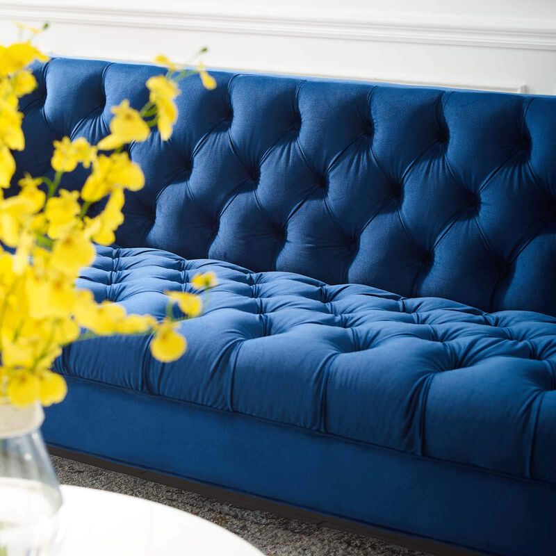 Modway Delight Tufted Button Performance Velvet Tuxedo Sofa with Gold Stainless Steel Legs in Navy