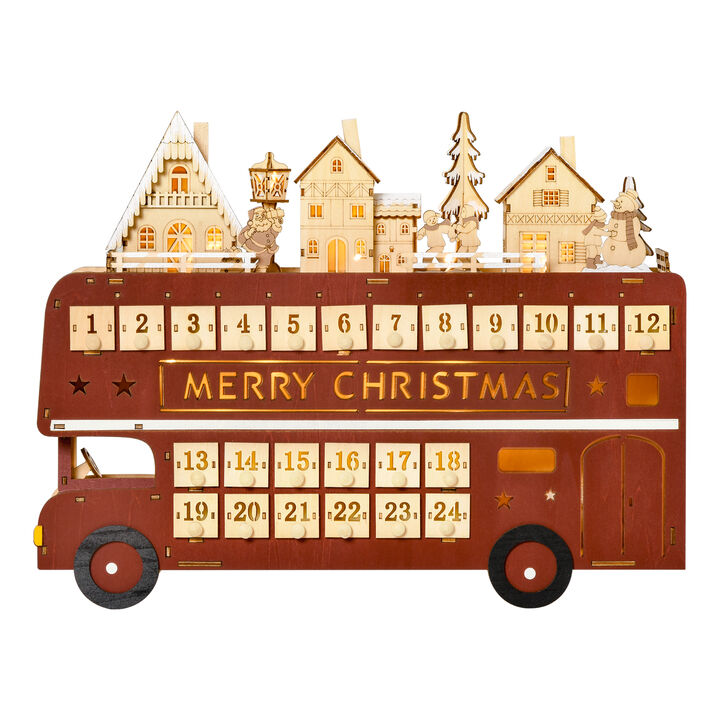Christmas Advent Calendar, Light Up Wooden Bus Decoration w/ Village & Drawers