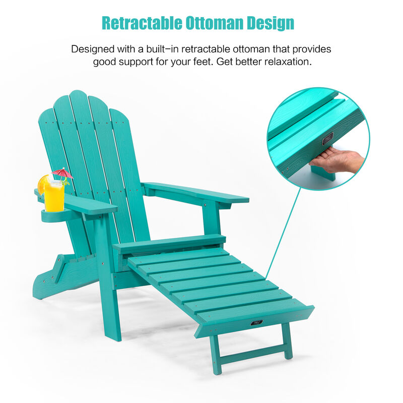 Tale Folding Adirondack Chair With Pullout Ottoman With Cup Holder, Oversized, Poly Lumber