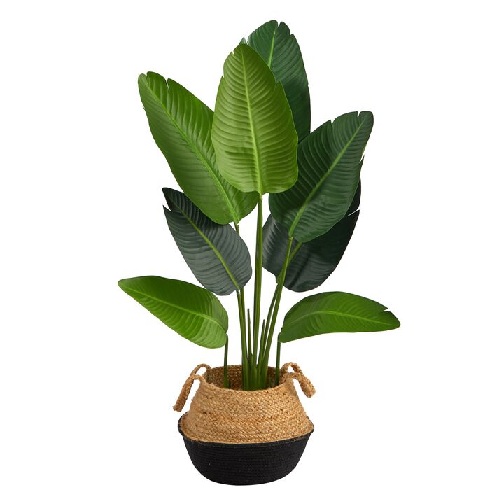 Hivvago 4 Feet Travelers Palm Artificial Tree in Boho Chic Handmade Cotton & Jute Black Woven Planter