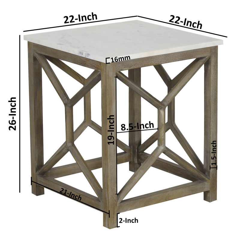 Agas Side End Table, 22 Inch Square White Genuine Marble Top, Sandblasted Washed Ash Gray Mango Wood Geometric Frame