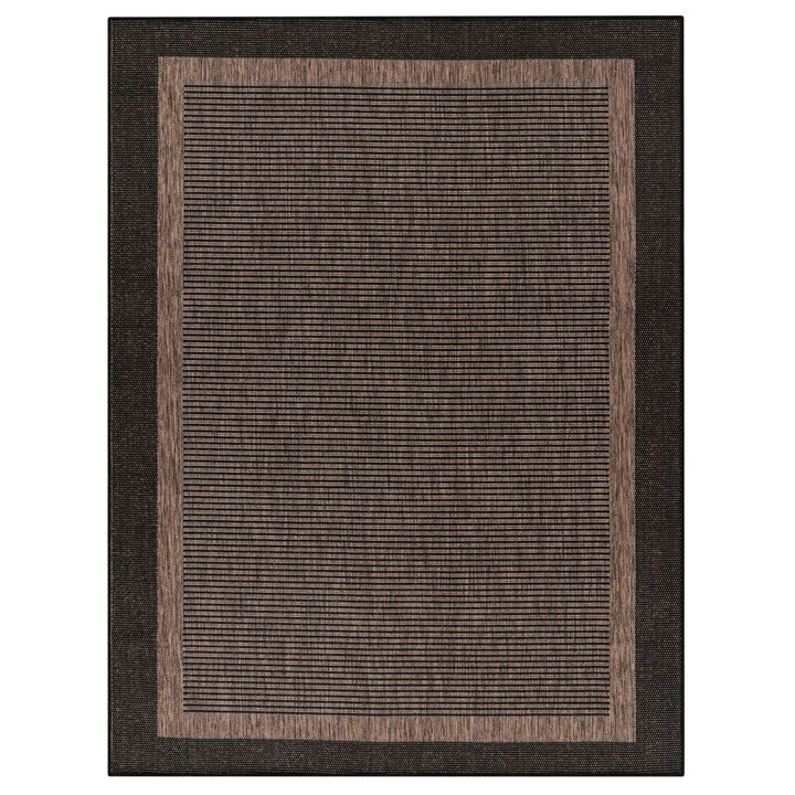 Outdoor Rug in Grey Brown, Rustic Style with Border for Patio or Balcony