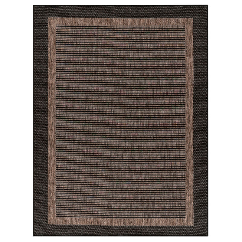 Outdoor Rug in Grey Brown, Rustic Style with Border for Patio or Balcony