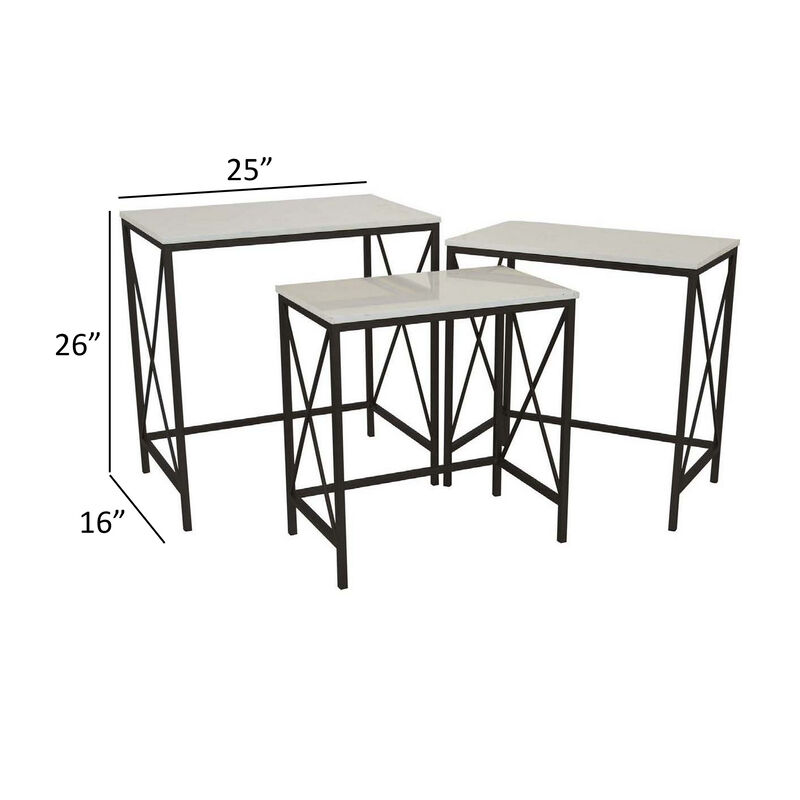 Zoe Plant Stand Table Set of 3, Metal, Rectangular Marble Top, Black Metal - Benzara