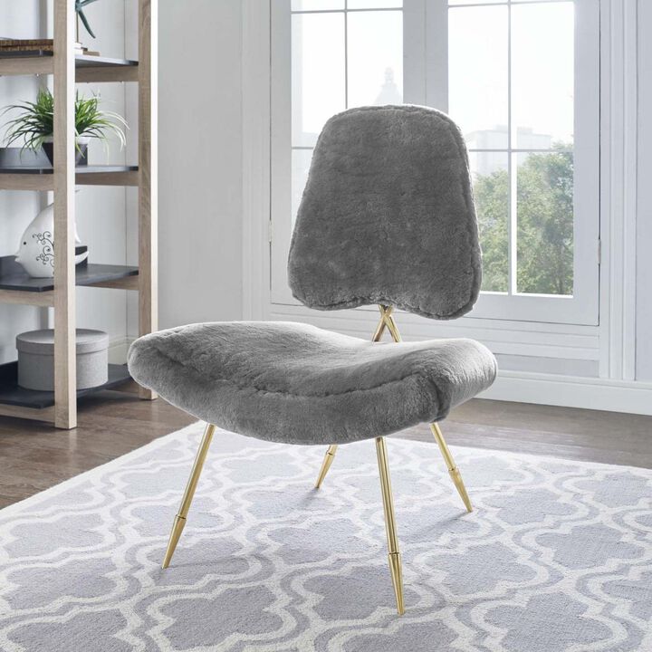 Modway Ponder Contemporary Modern Sheepskin Fur Lounge Accent Chair in Gray