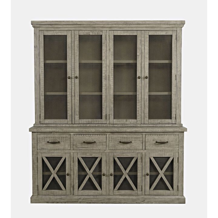 Jofran Telluride Rustic Farmhouse Solid Wood Sideboard Buffet Hutch with LED Lights