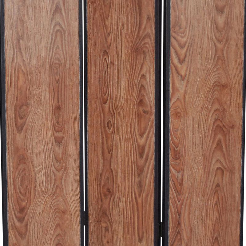3 Panel Foldable Wooden Screen with Grain Details, Brown-Benzara