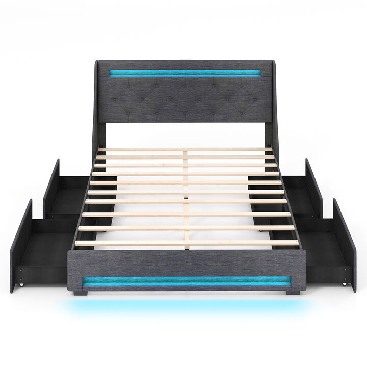 Upholstered Platform Bed Frame with LED Lights and Built-In Charging Station for Modern Convenience and Style