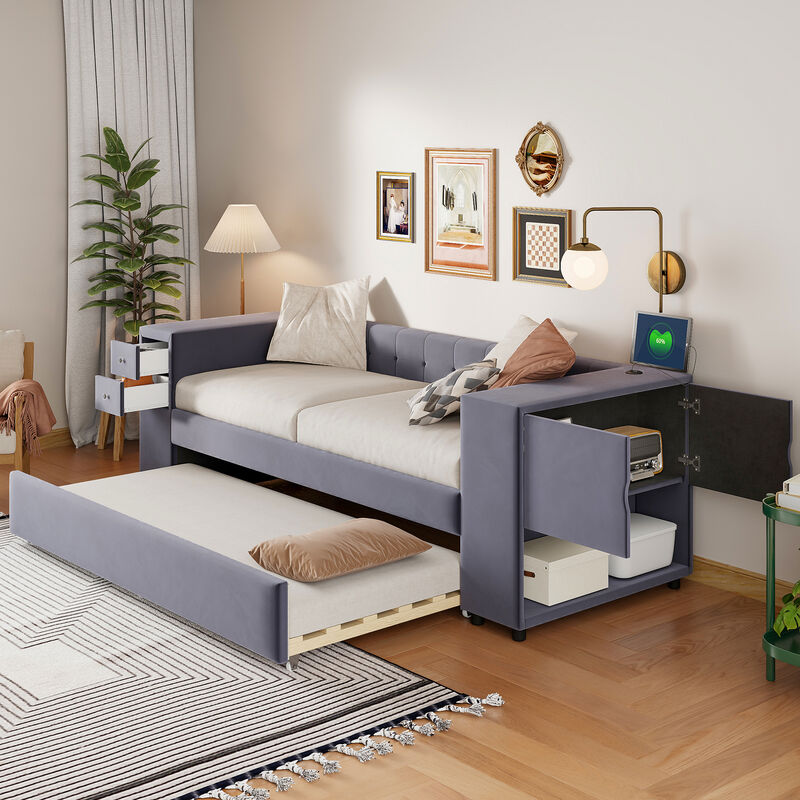 Merax Upholstered Bed with Trundle and USB Charging Ports