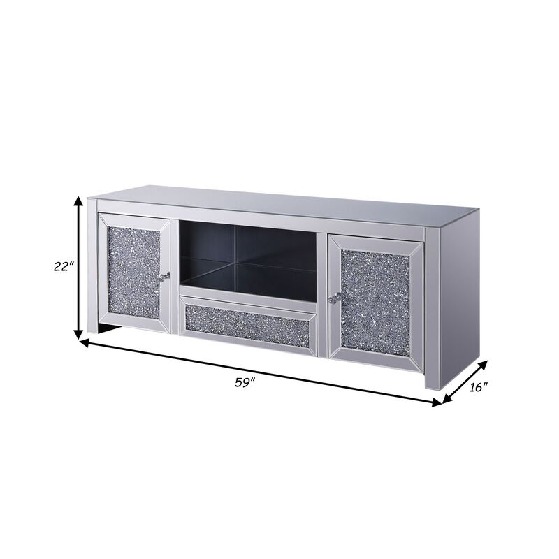 Noe 59 Inch Wood TV Entertainment Media Console, Faux Diamond Inlay, Silver-Benzara