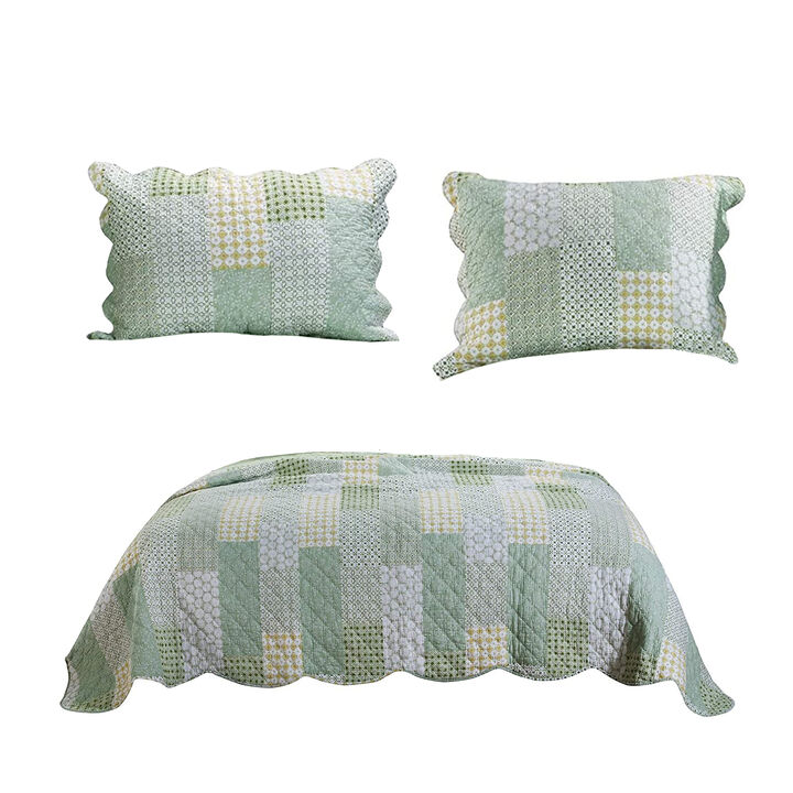 Reversible Fabric Queen Size Quilt Set with Geometric Pattern Motifs,Green - Benzara
