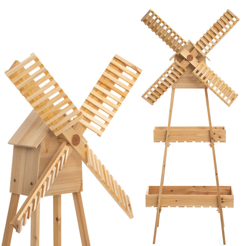 Rustic Wooden Cart with Windmill Accent, Versatile and Decorative Piece for Home or Garden Decor, Perfect for Displaying Plants, Books, and Decorative Items, or as a Unique Storage Solution for Home or Garden Tools