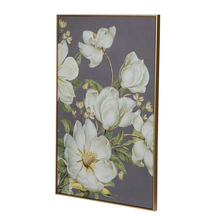 Nia 32 x 47 Flower Wall Art Decor, Microfiber, Pine Wood, White, Green - Benzara