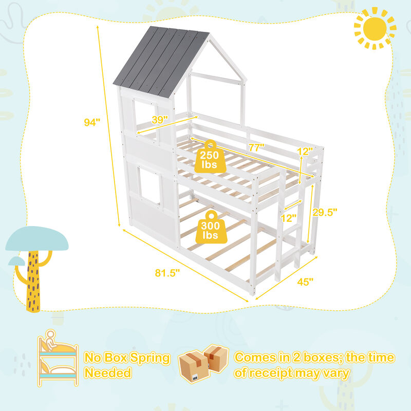 Wooden Bunk Bed with Full-length Safety Guardrail and Ladder