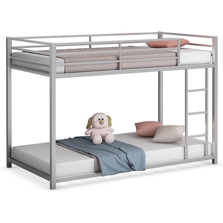 QuikFurn Twin over Twin Low Profile Modern Bunk Bed in Silver Metal Finish