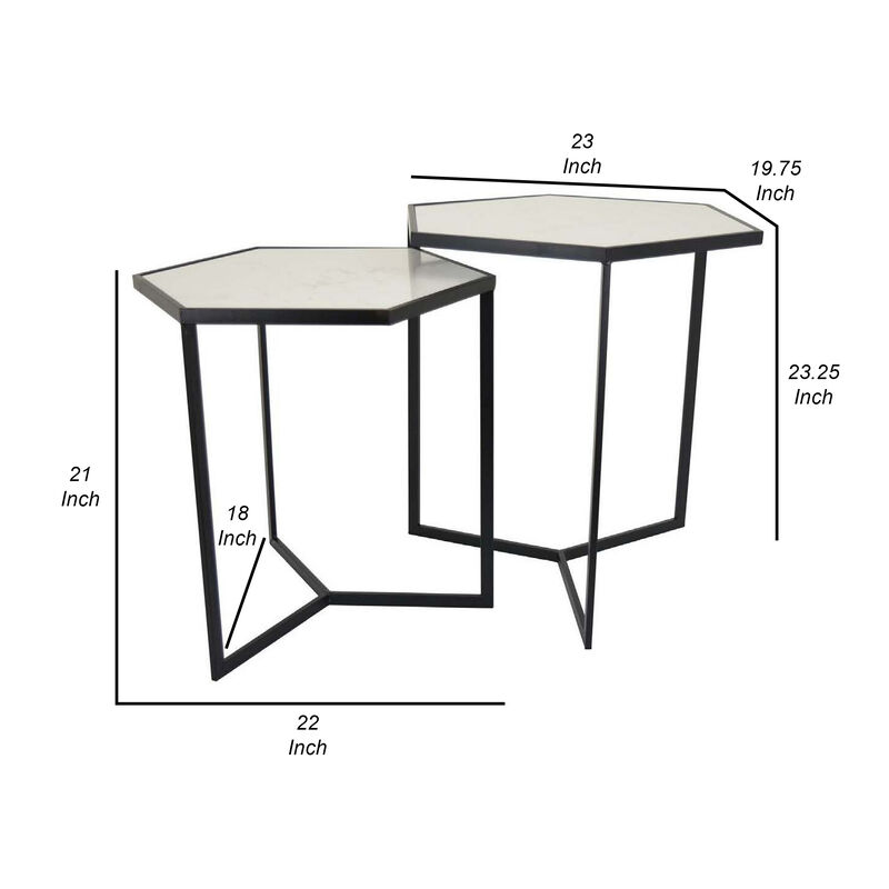 Plant Stand Table Set of 2, Black Metal Frame, Hexagonal White Tabletop - Benzara