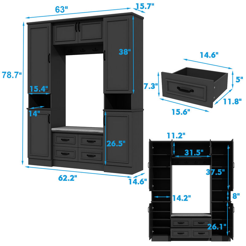 Hall Tree with Bench, 6 Cabinets and 4 Drawers, Entryway Bench with 4 Coat Racks, Entryway Cabinet with 6 Doors and Adjustable Shelves, for Entryway Hallway, 15.7”D x 63”W x 78.7”H, Black