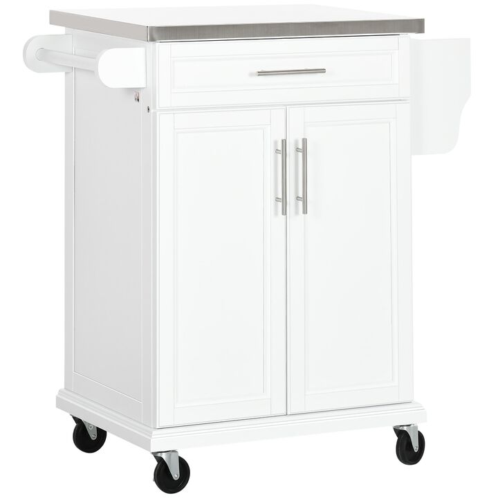 White Kitchen Cart: Stainless Top, Drawer, Towel/Spice Rack, Wheeled