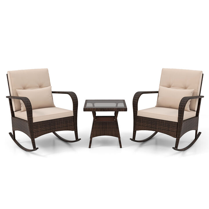 3 Piece Outdoor Rocking Set with Tempered Glass Coffee Table for Backyard Poolside