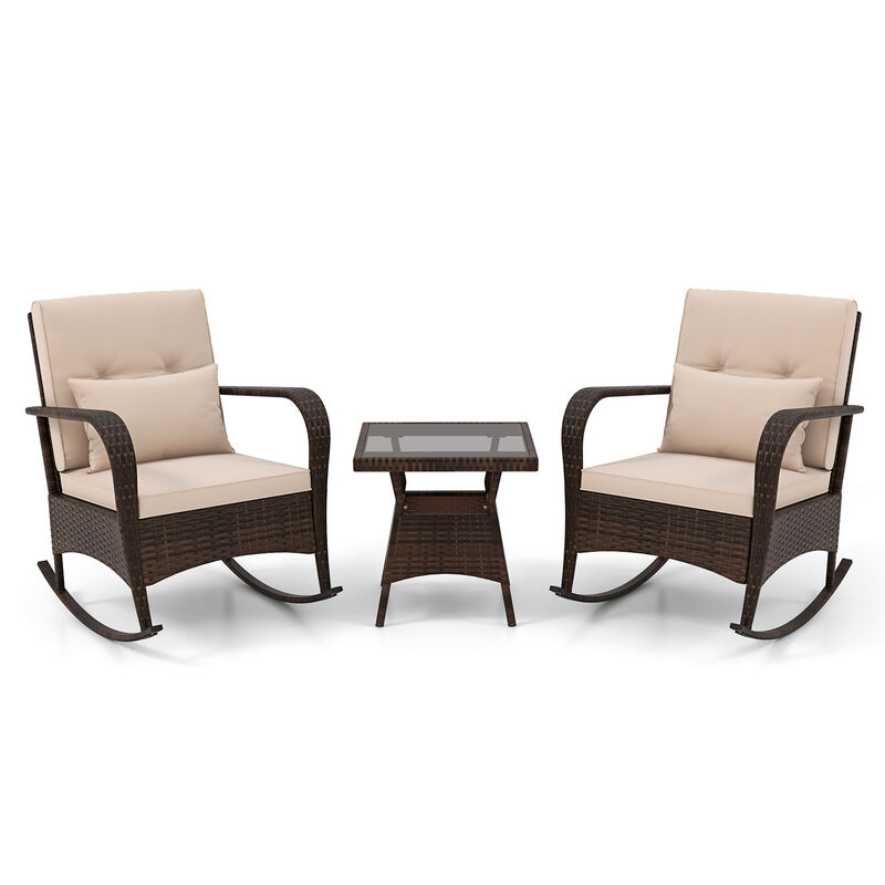 3 Piece Outdoor Rocking Set with Tempered Glass Coffee Table for Backyard Poolside