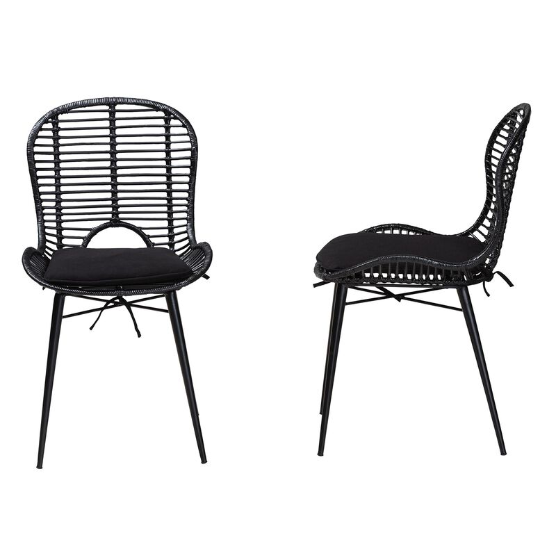 Bali & Pari Brenna Modern Bohemian Black Finished Rattan and Metal 2-Piece Dining Chair Set