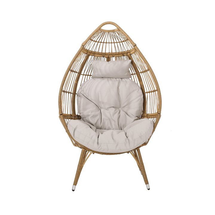 Outdoor Accent Chair, Teardrop Cocoon w Beige Pillow, Brown PE Rattan -Benzara