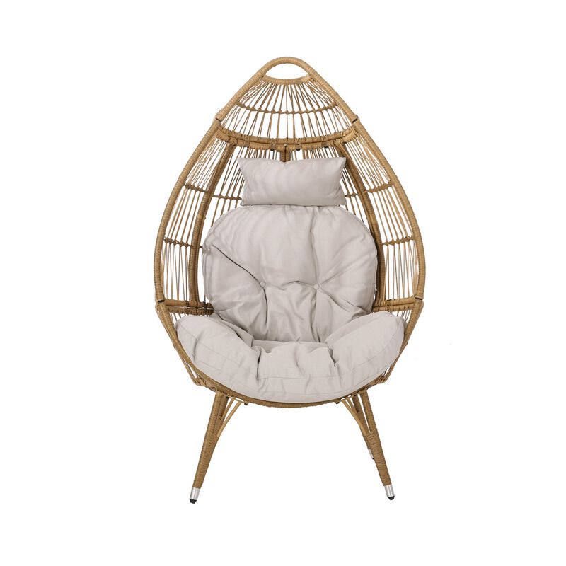 Outdoor Accent Chair, Teardrop Cocoon w Beige Pillow, Brown PE Rattan -Benzara