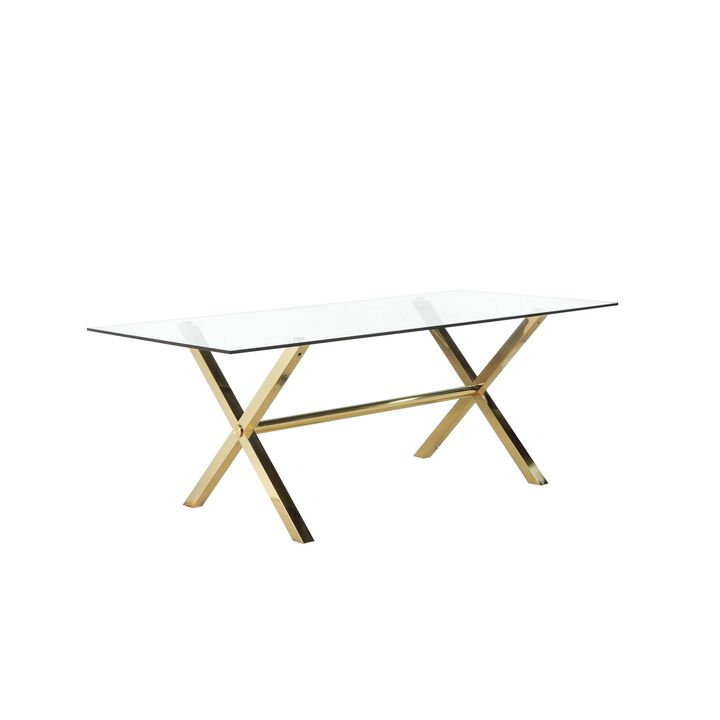 Tia 79 Inch Dining Table, Rectangular Tempered Glass Top, Gold, Clear - Benzara